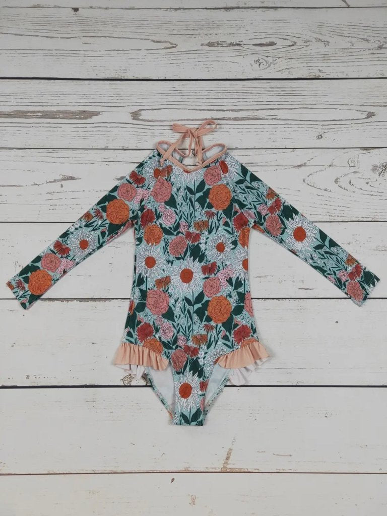 Girls Flower Long Sleeve Swimsuit